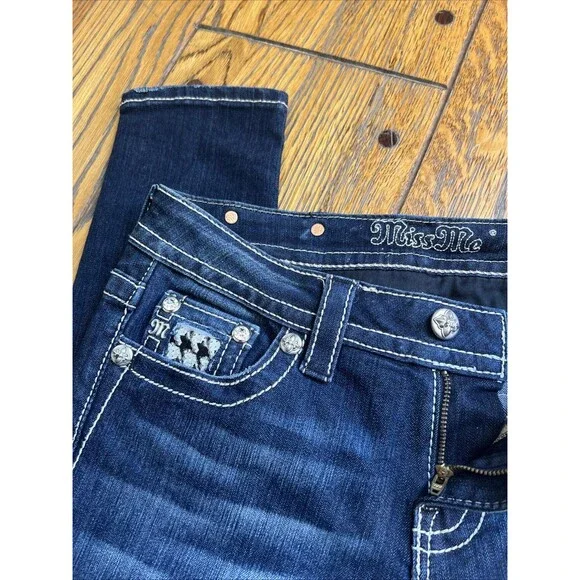 EUC Miss Me Mid-Rise Skinny Embellished Flap Pockets SZ 27x31 Jeans Dark Wash - Picture 4 of 8